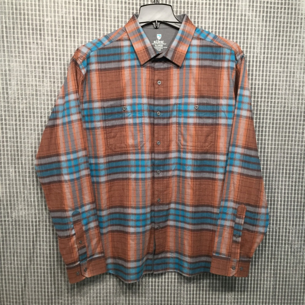 Kuhl Mens Button Down Shirt Plaid Long Sleeve XL Orange Blue Excellent